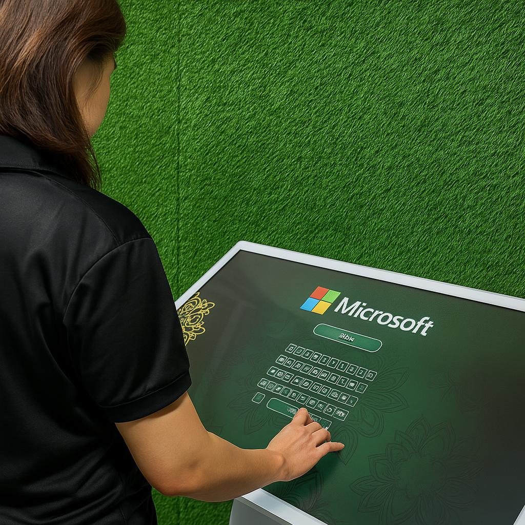 Guest receiving printed Arabic calligraphy artwork at a live event in Dubai, showcasing AI-powered personalized calligraphy in an elegant cultural setting.